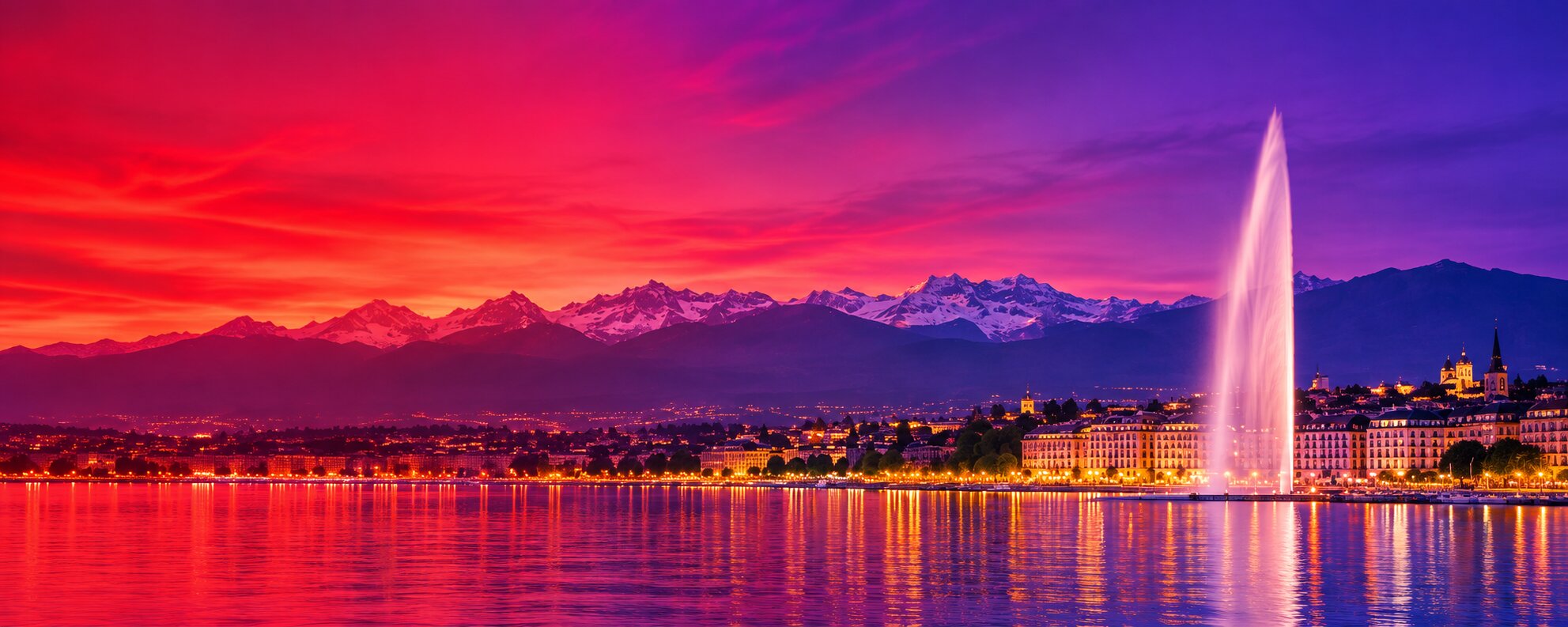 Geneva skyline with the Jet d'Eau at a magenta sunset